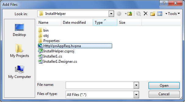 Adding HttpVpnAppReg.hvpna file to Setup project
